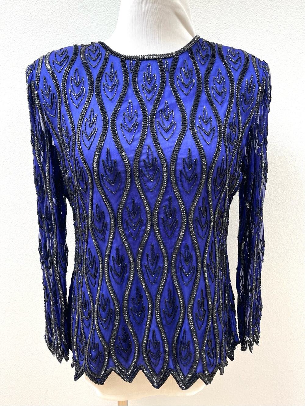 80s 90s Vintage Stenay Beaded Silk Blue Long-Sleeve Evening Top Women's Medium P
